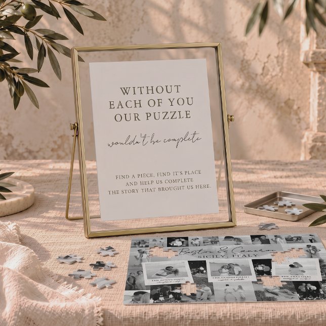 Bröllopspusselaktivitet Bordsskylt Minimalistisk Poster (Wedding Puzzle Activity Table Sign Minimalist with puzzle on linen table destination wedding ivory)