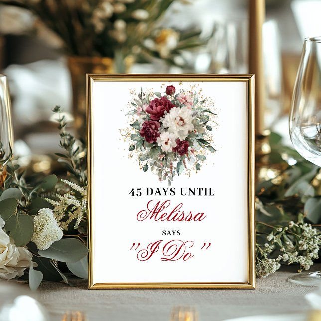 Bröllopsräknare med vinröd nyans poster (Maroon Blush Burgundy Countdown Sign Bridal)