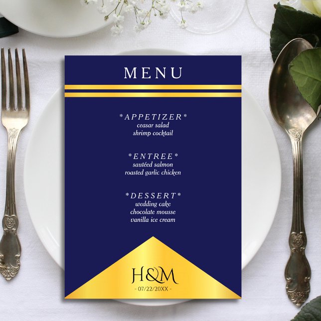 Bröllopsrecept för Guld, blått, Rand Finare Meny (navy blue and gold wedding menu)