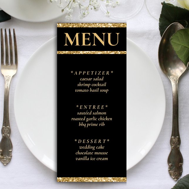 Bröllopsrecept i Black & Guld Glitter Meny (Black & Gold Glitter Wedding Reception Menu)