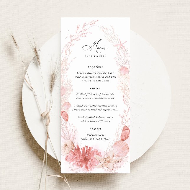 Bröllopsreception vid stranden med rosafärgade ska meny (Blush coastal wedding menu beach menu card pink seashell elegant destination wedding stationery)