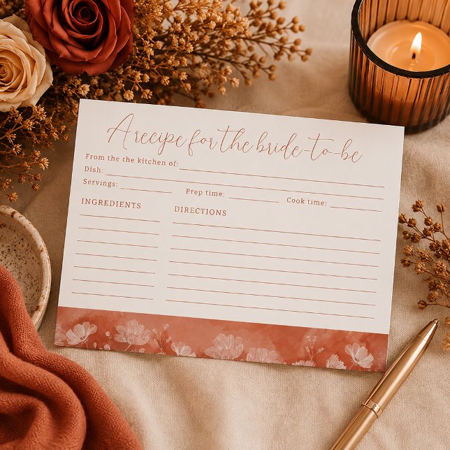 Bröllopsreceptkort i rostfärg med blommor för brud (Bridal shower recipe card arrangement)