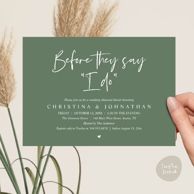 Bröllopsrepetition Middag, Innan De Säger "Ja" Inbjudningar (Wedding Rehearsal Dinner, Before They Say "I Do" Invitation Card in Sage Green)