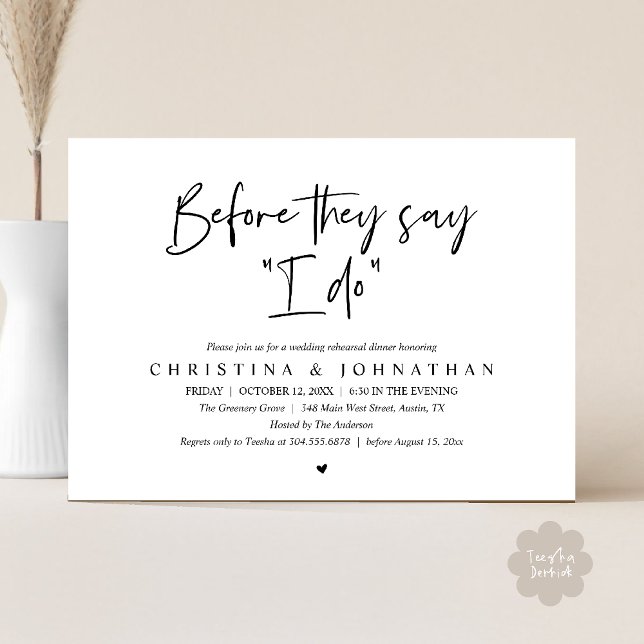 Bröllopsrepetition Middag, Innan De Säger "Ja" Inbjudningar (Wedding Rehearsal Dinner, Before They Say "I Do" Invitation Card in Black and White)