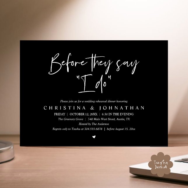 Bröllopsrepetition Middag, Innan de säger "Ja, jag Inbjudningar (Wedding Rehearsal Dinner, Before They Say "I Do" Invitation Card in Black and White)