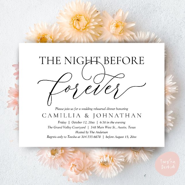 Bröllopsrepetition Middag, Kvällen Före Alltid Inbjudningar (The Night Before Forever Wedding Rehearsal Dinner Romantic Classy Invites Card PDF in Black White)