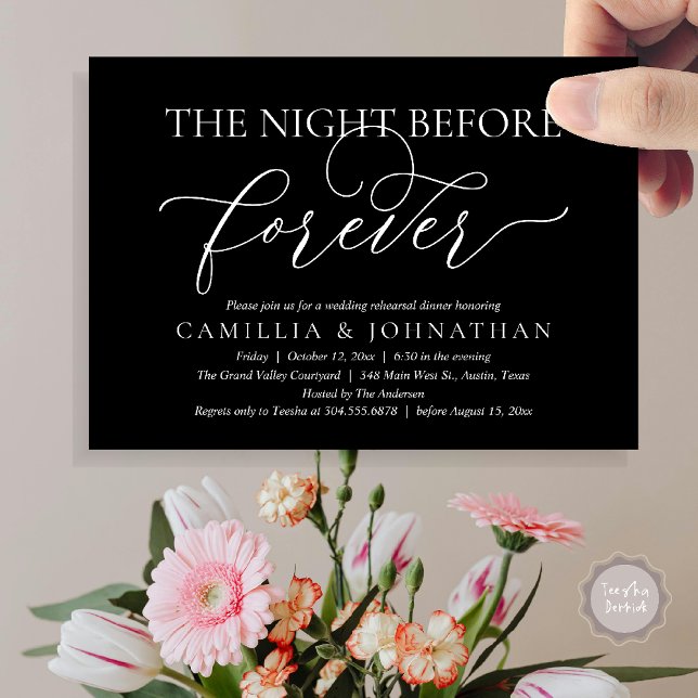 Bröllopsrepetition Middag, Kvällen Före Evigt Inbjudningar (The Night Before Forever Wedding Rehearsal Dinner Romantic Classy Invites Card PDF in Black White)