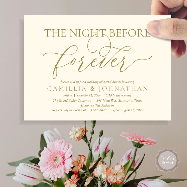 Bröllopsrepetition Middag, Kvällen Innan För Evigt Inbjudningar (The Night Before Forever Wedding Rehearsal Dinner Romantic Classy Invites Card PDF in Yellow Gold)