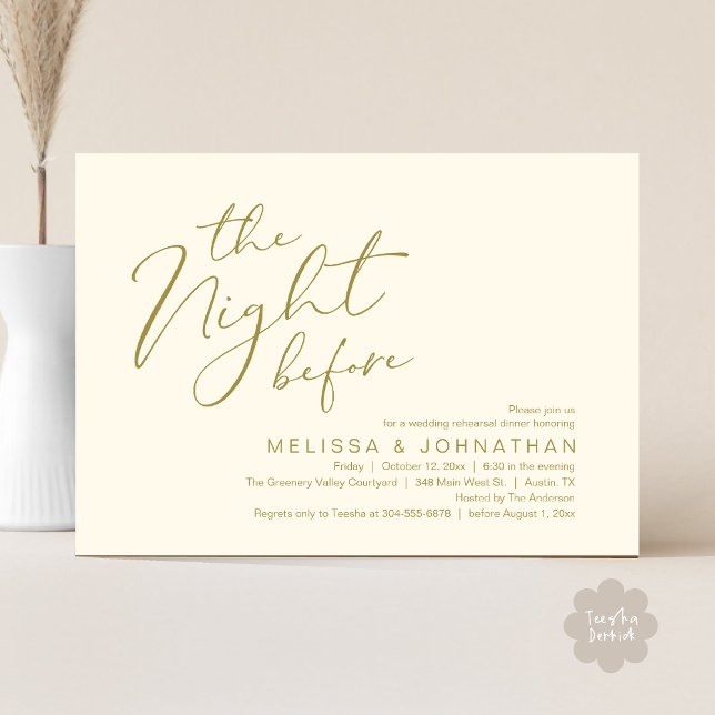 Bröllopsrepetition Middag Kvällen Innan  Inbjudningar (The Night Before Romantic Modern Wedding Rehearsal Dinner Aesthetic Invites PDF Classy Yellow Gold)