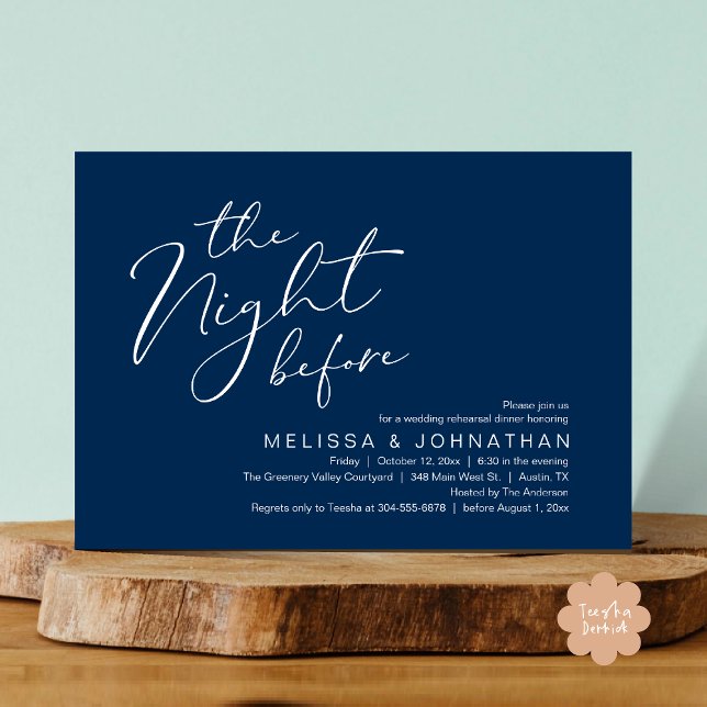 Bröllopsrepetition Middag Kvällen Innan  Inbjudningar (The Night Before Romantic Modern Wedding Rehearsal Dinner Aesthetic Invites PDF Classy Navy Blue)