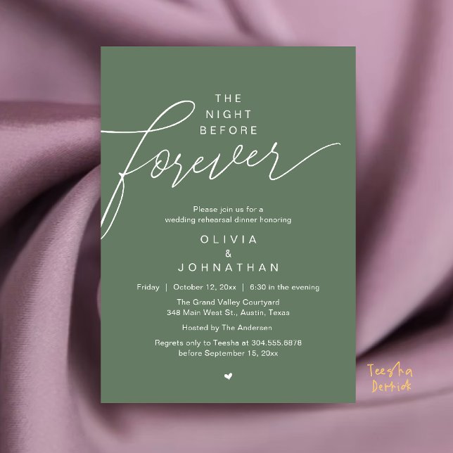 Bröllopsrepetition Middag, Modern Elegant Manus Inbjudningar (Wedding Rehearsal Dinner, Modern Elegant Script Invitation Card in Sage Green)