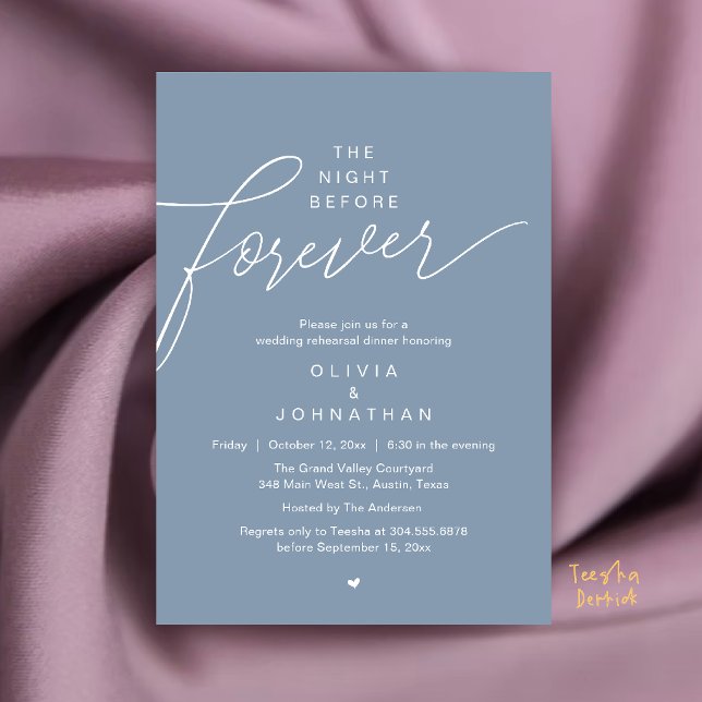 Bröllopsrepetition Middag, Modern Elegant Manus Inbjudningar (Wedding Rehearsal Dinner, Modern Elegant Script Invitation Card in Dusty Blue)