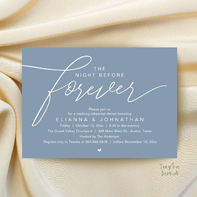 Bröllopsrepetition Middag, Modern Elegant Manus Inbjudningar (The Night Before Forever, Wedding Rehearsal Dinner, Modern Elegant Invites Card in Dusty Blue)