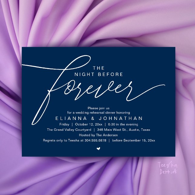 Bröllopsrepetition Middag, Modern Elegant Manus Inbjudningar (The Night Before Forever, Wedding Rehearsal Dinner, Modern Elegant Invites Card in Navy Blue)