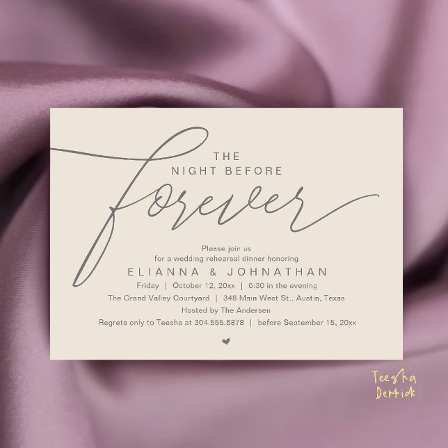Bröllopsrepetition Middag, Modern Elegant Manus Inbjudningar (The Night Before Forever, Wedding Rehearsal Dinner, Modern Elegant Invites Card in Cream Grey)