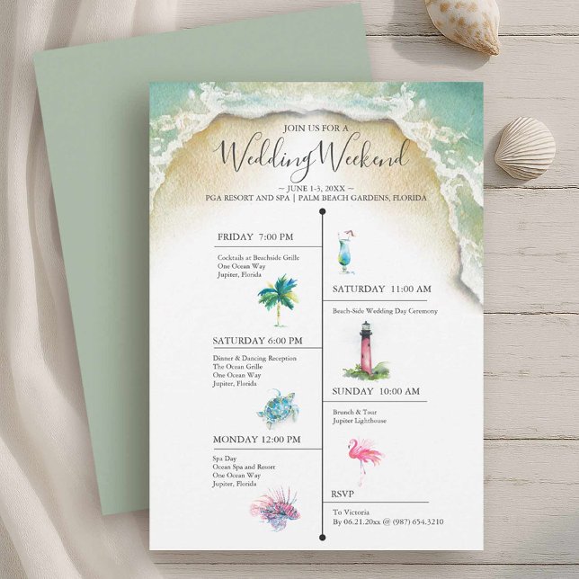 Bröllopsresa Itinerary Mall Lighthouse (Beach wedding weekend itinerary watercolor illustration art by Victoria Grigaliunas )
