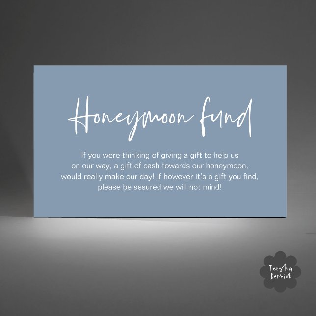 Bröllopsresekasse, Bröllopspresent i kontanter Tilläggskort (Wedding Honeymoon Fund, Cash Wish Modern Handwritten Script Enclosure Card Dusty Blue)