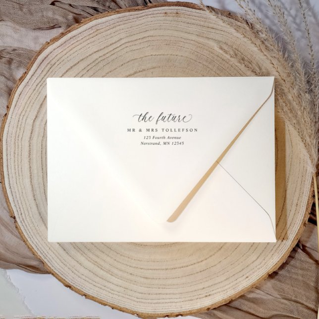 Bröllopsreturadress Den framtida herr och fru Eleg Självfärgande Stämpel (Elegant return address self inking rubber stamp for wedding envelopes with "the future mr & mrs")
