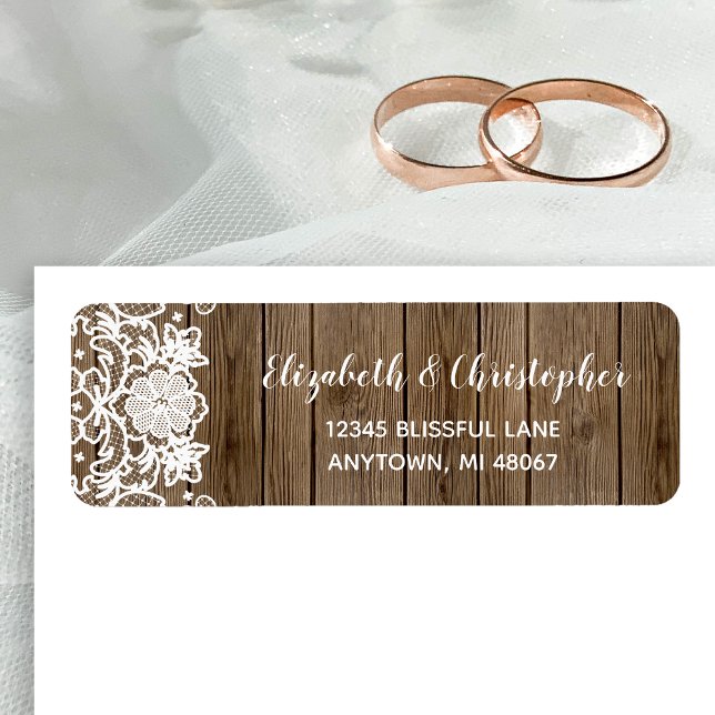 Bröllopsreturadress i Barn Wood Lace Calligrafi Returadress Etikett (Skapare uppladdad)