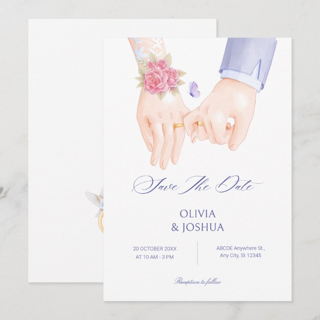 Bröllopsring håller händer mjuk elegant bröllop spara datumet (Fram/baksida)
