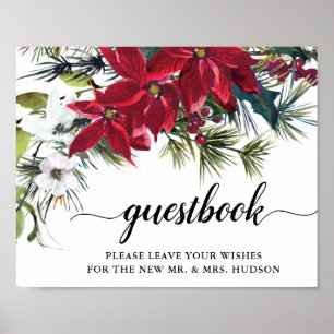 Bröllopsröd Poinsettia Blommig Tall Gästbok Namn Poster