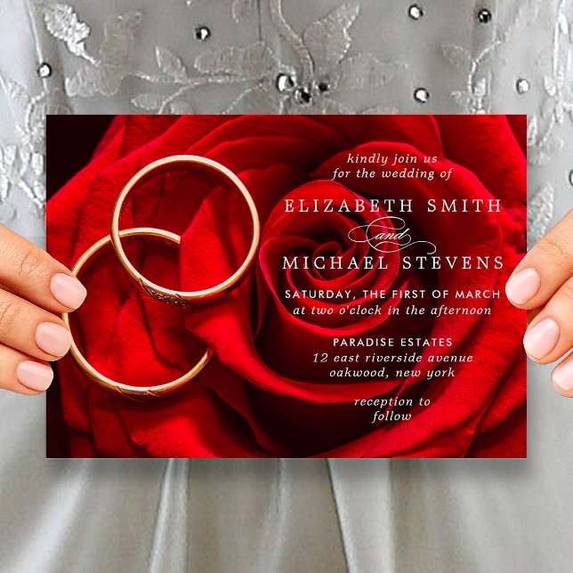 Bröllopsröda ros guldringar bröllopsinbjudan julkort (Wedding Red Rose Gold Rings Wedding Invitation)
