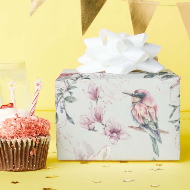 Bröllopsrosa akvarellblommor och fåglar   presentpapper (Födelsedagsfest)