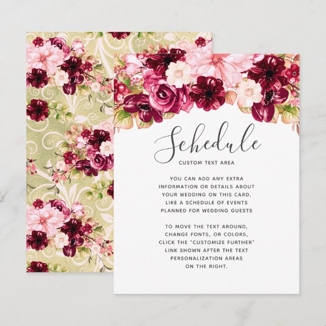 Bröllopsschema med rosabruna blommor och burgunder inbjudningar (Fram/baksida)