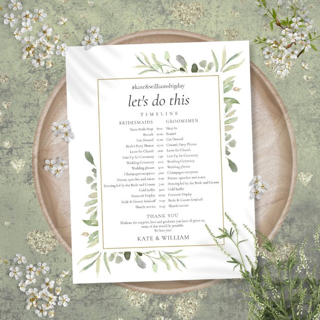 Bröllopsschema Tidslinje för Grönska och Lövverk (Greenery Foliage Wedding Schedule Timeline)