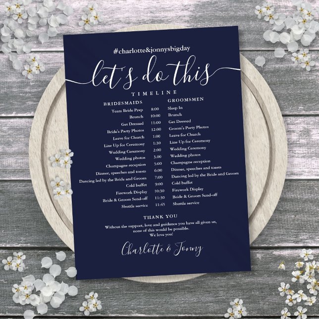 Bröllopsschema Tidslinjekort i Marinblått Inbjudningar (Navy Blue Wedding Schedule Timeline Card)