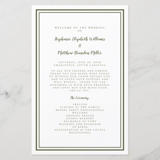 Bröllopsscript Modern Olivgrön Ceremoniprogram (Framsida)