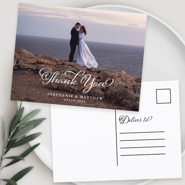 Bröllopsskik Foto Tack Elegisk Kalligrafi Vykort (Wedding Custom Photo Thank You Elegant Calligraphy Postcard)