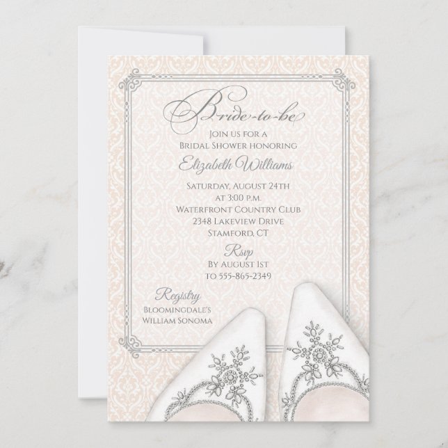 Bröllopsskor i Blush Damask med utsmyckning Inbjud Inbjudningar (Framsida)