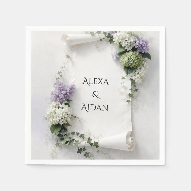 Bröllopsskrå med Syren och Hortensia  Pappersservett (Framsidan)