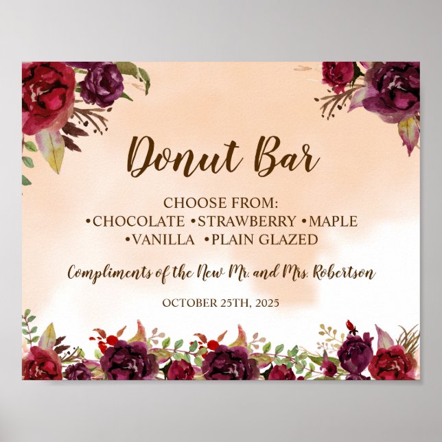 Bröllopsskylt för Burgundy Donut Bar Bridal Shower Poster (Framsidan)