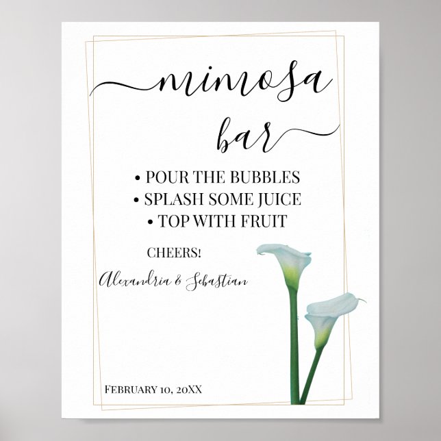 Bröllopsskylt för Calla Lily Greenery Mimosa Bar Poster (Framsidan)