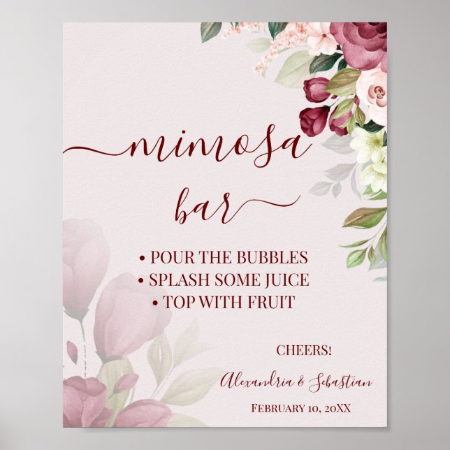 Bröllopsskylt för Floral Roses Mimosa Bar Poster (Framsidan)