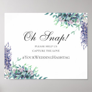Bröllopsskylt. Lila blomster instagram-hashtag Poster