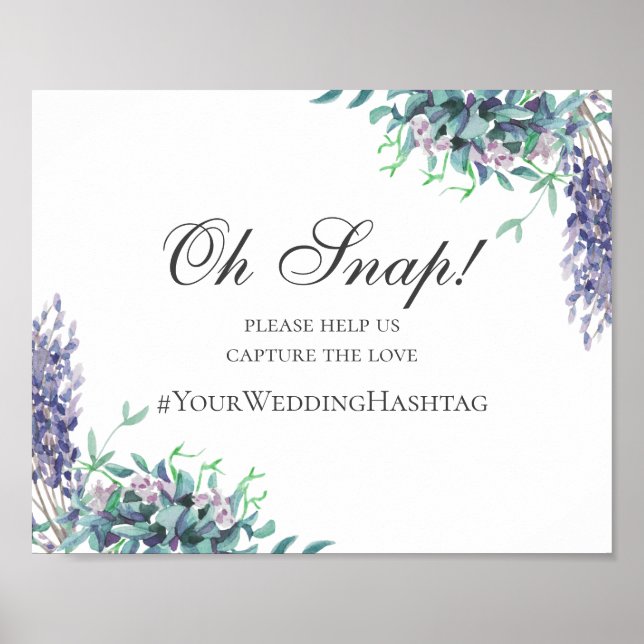 Bröllopsskylt. Lila blomster instagram-hashtag Poster (Framsidan)