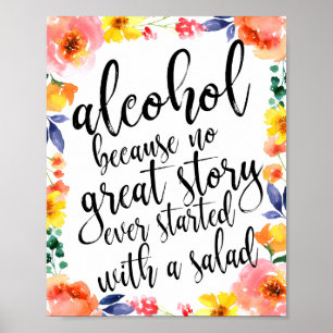 Bröllopsskylt med blommig akvarell och alkohol 8x1 poster