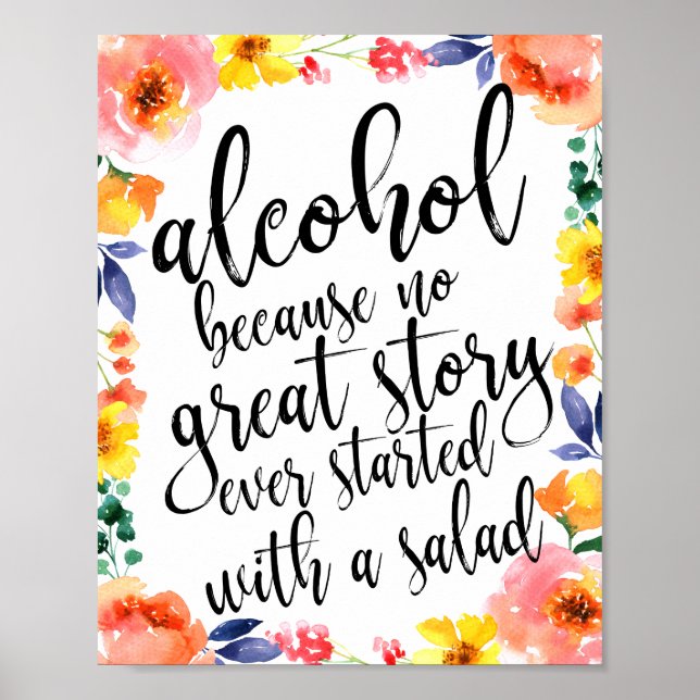 Bröllopsskylt med blommig akvarell och alkohol 8x1 poster (Framsidan)