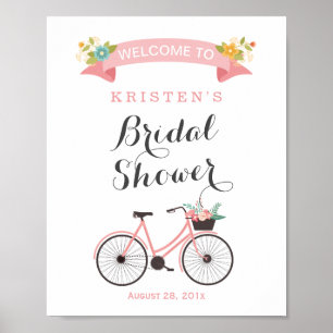 Bröllopsskylt med rosa blommor och cykel poster