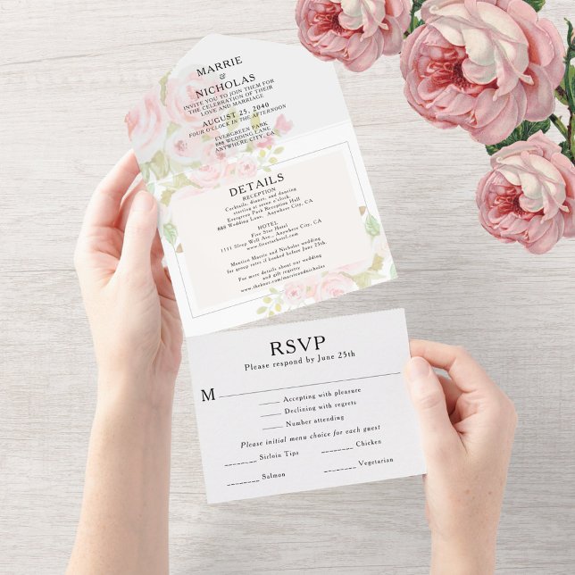 Bröllopsslöja Dammrosa Ros Blommig Akvarell (Wedding Blush Dusty Pink Rose Floral Watercolor All In One Invitation)