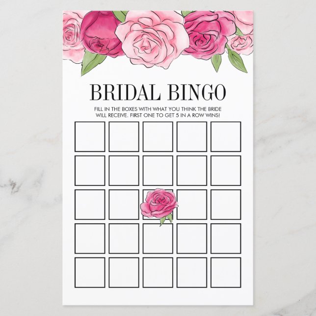 Bröllopsspel Bingo med Rosa Rosor Spelkort (Framsida)