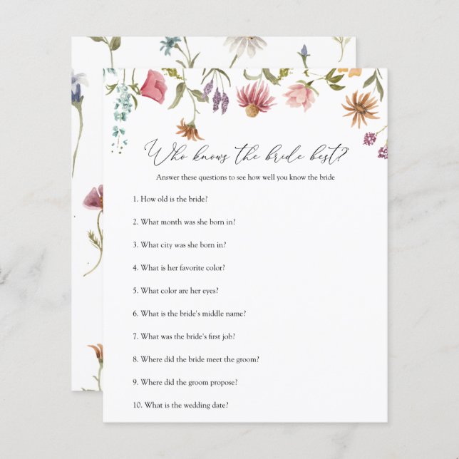 Bröllopsspel för brudens vänner - Vem känner brude (Fram/baksida)