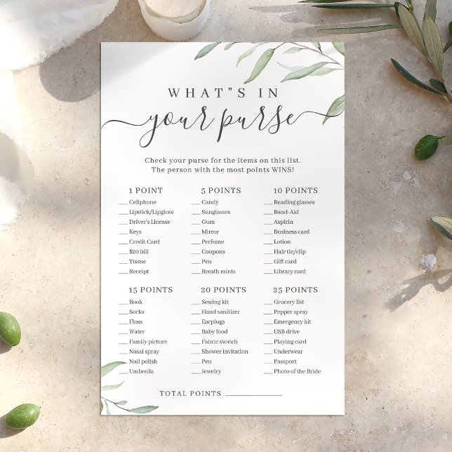 Bröllopsspel med grönska i din handväska (Greenery what's in your purse bridal shower game)