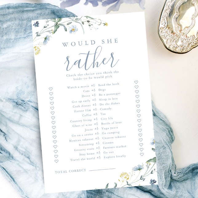 Bröllopsspel med vildblomma 'Would she rather' (Wildflower would she rather bridal shower game)