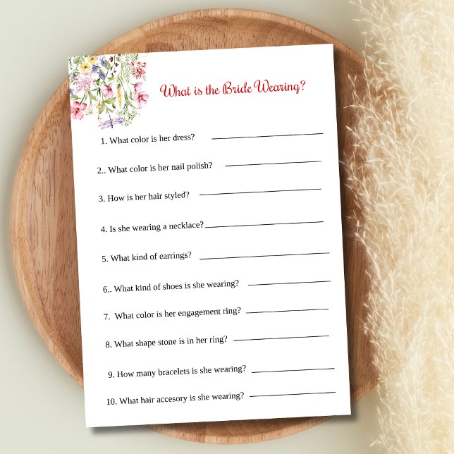 Bröllopsspel Vad har bruden på sig Inbjudningar (Bridal Shower Game 5x7 card- What is the Bride Wearing)