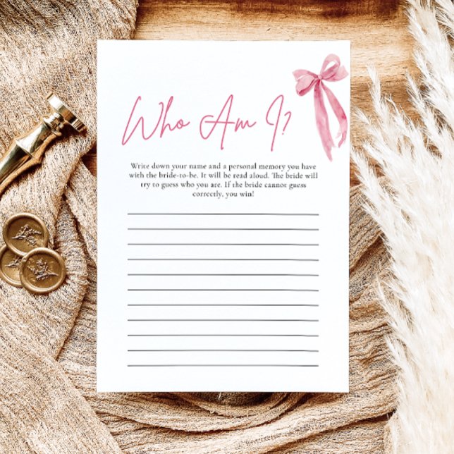 Bröllopsspelskort med rosa rosett - Vem är jag Inbjudningar (Blush Pink Bow Who Am I Bridal Shower Game )
