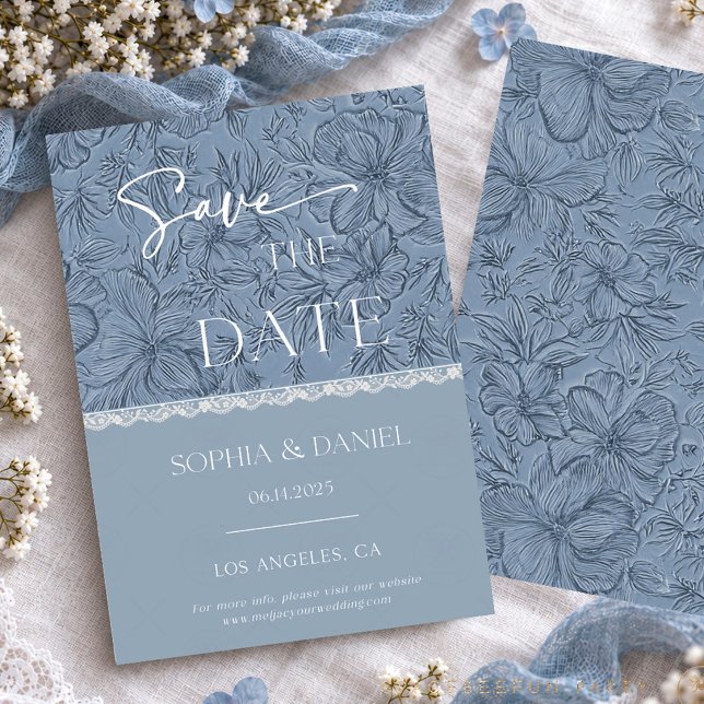 Bröllopsspets Damblå Spara Datum Datumet (Wedding Lace Save the Date | Dusty Blue Floral Wedding)